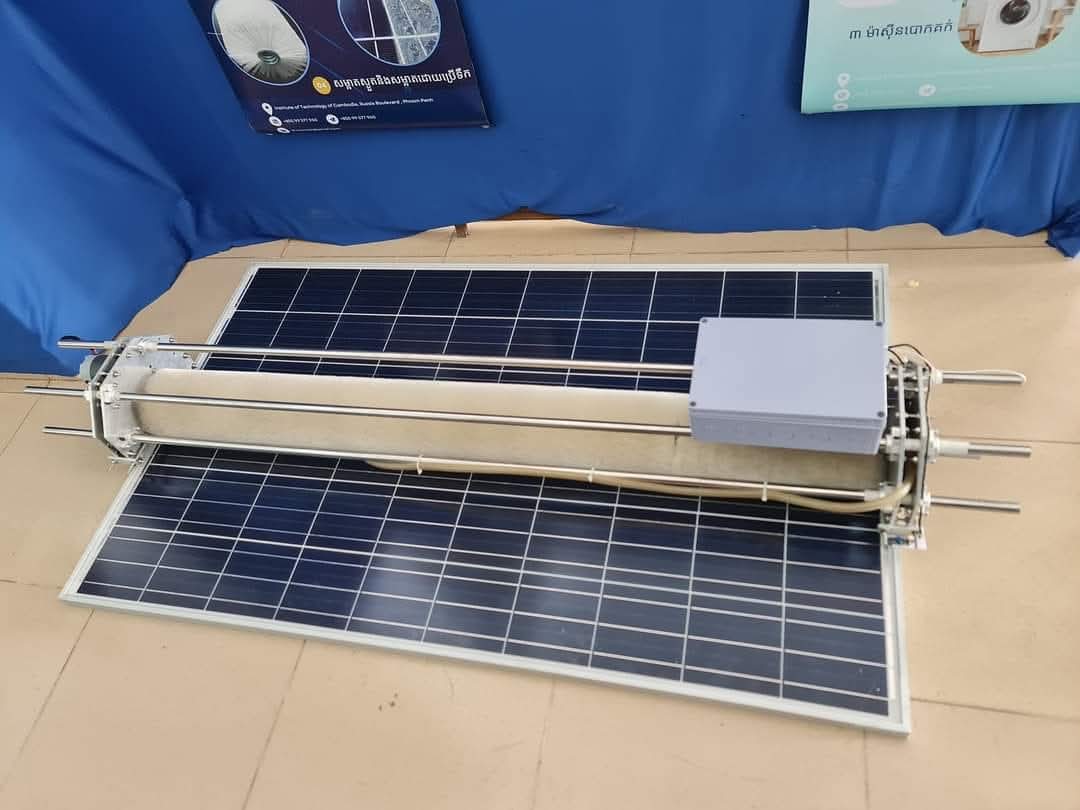 Mechanical cleaning prototype spanning a solar panel